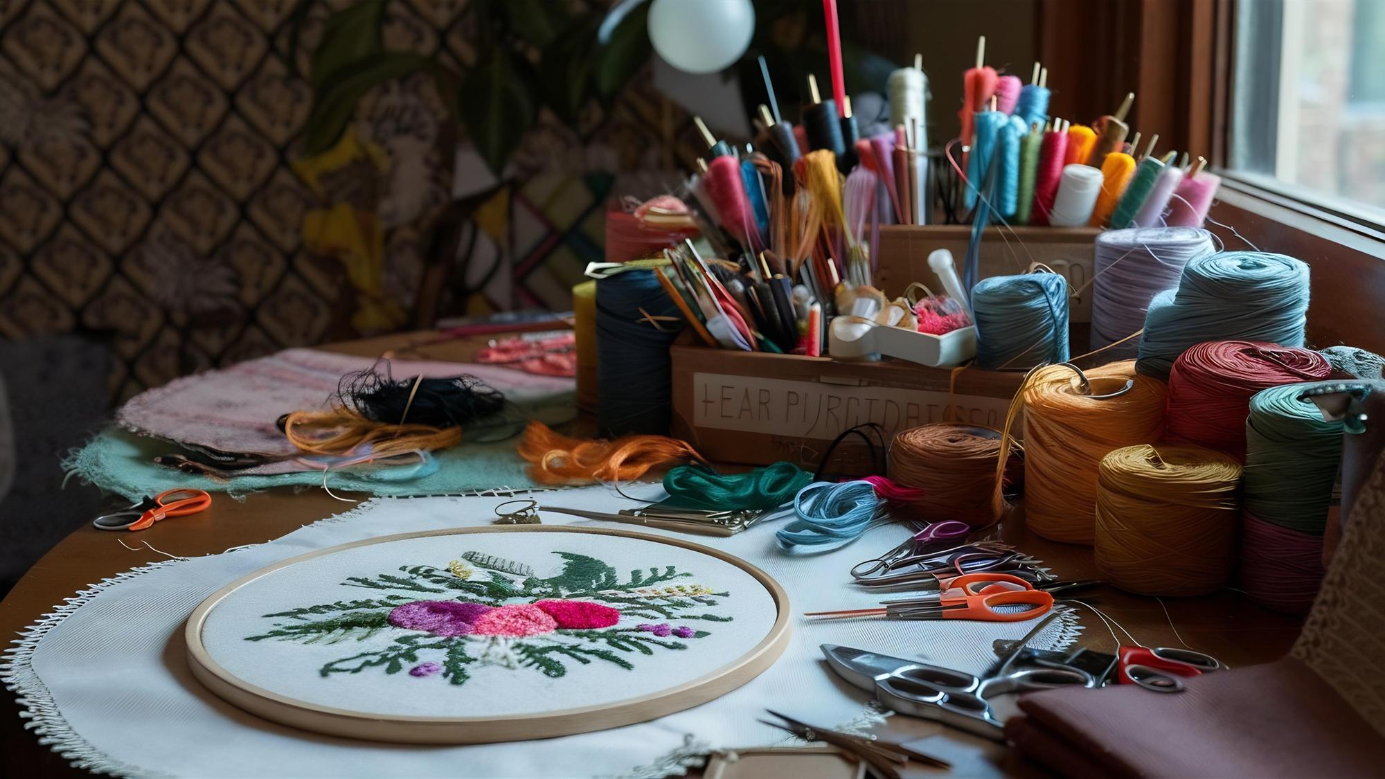 Atelier cu o masă de lucru și un obiect brodat în curs de realizare