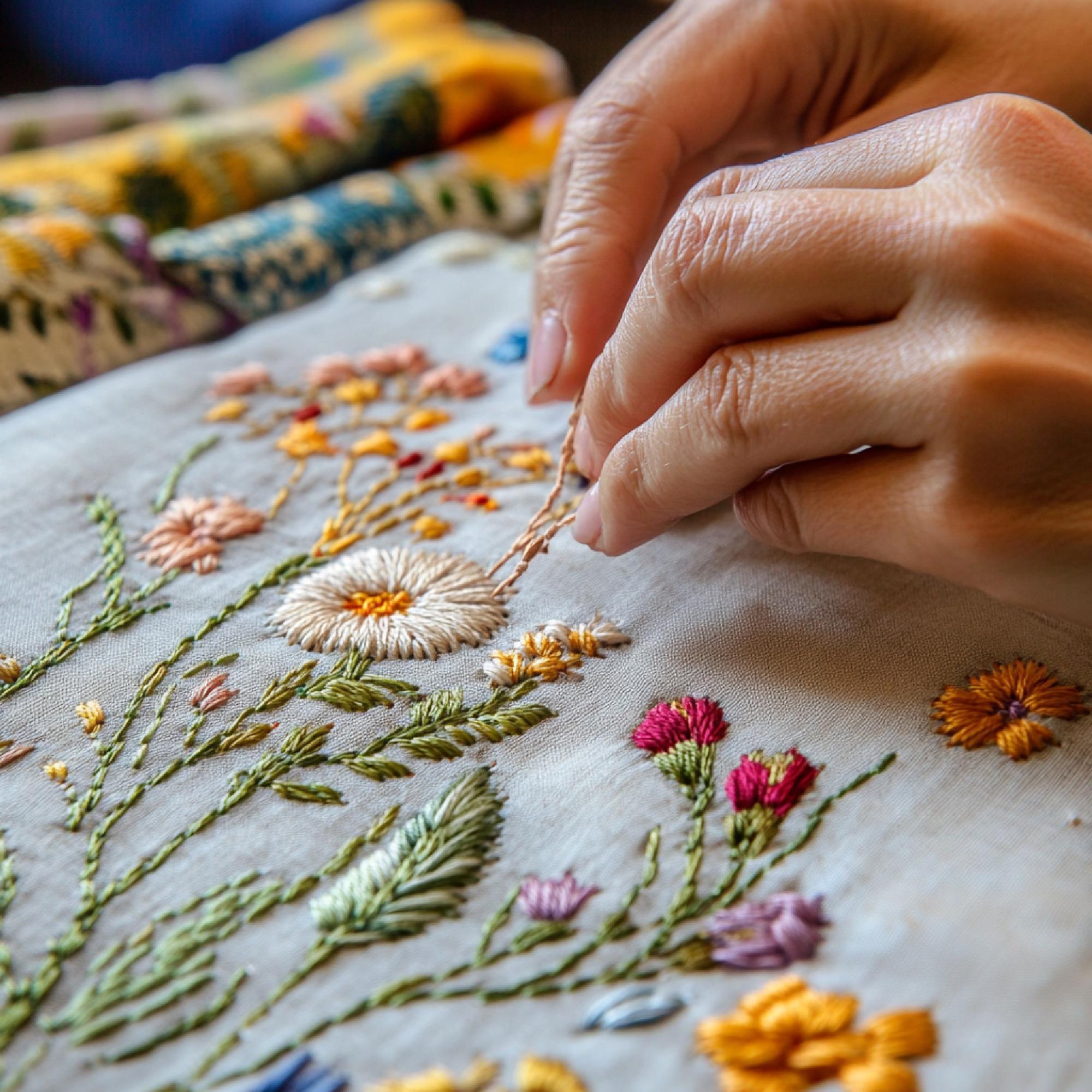 Mâini care lucrează o broderie detaliată pe pânză naturală